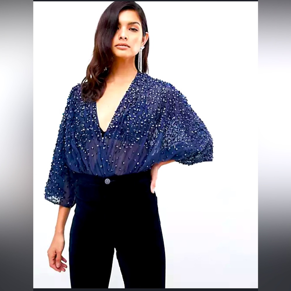 ASOS DESIGN body in sequin embellishment w/ plunge wrap & kimono sleeve Size 8